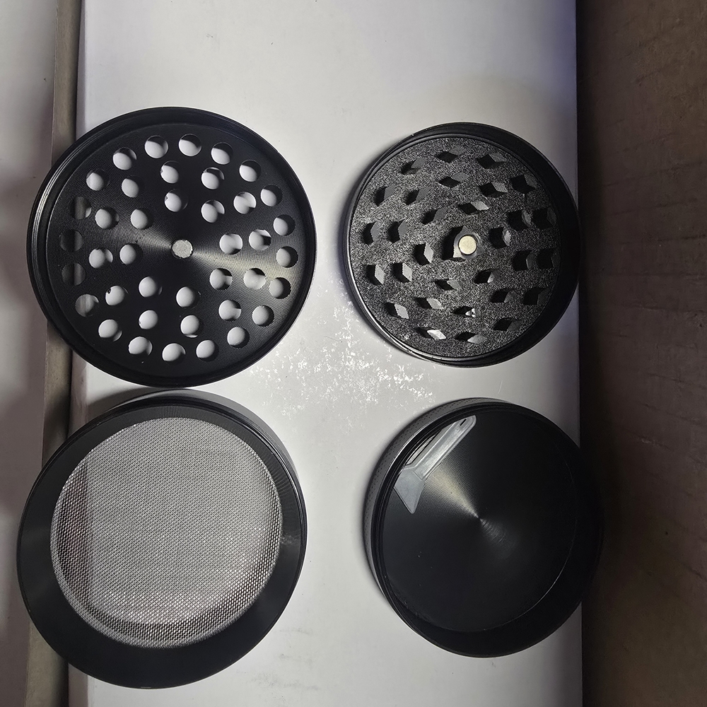 Black 4-Piece Herb Grinder with Pollen Screen - Unbranded